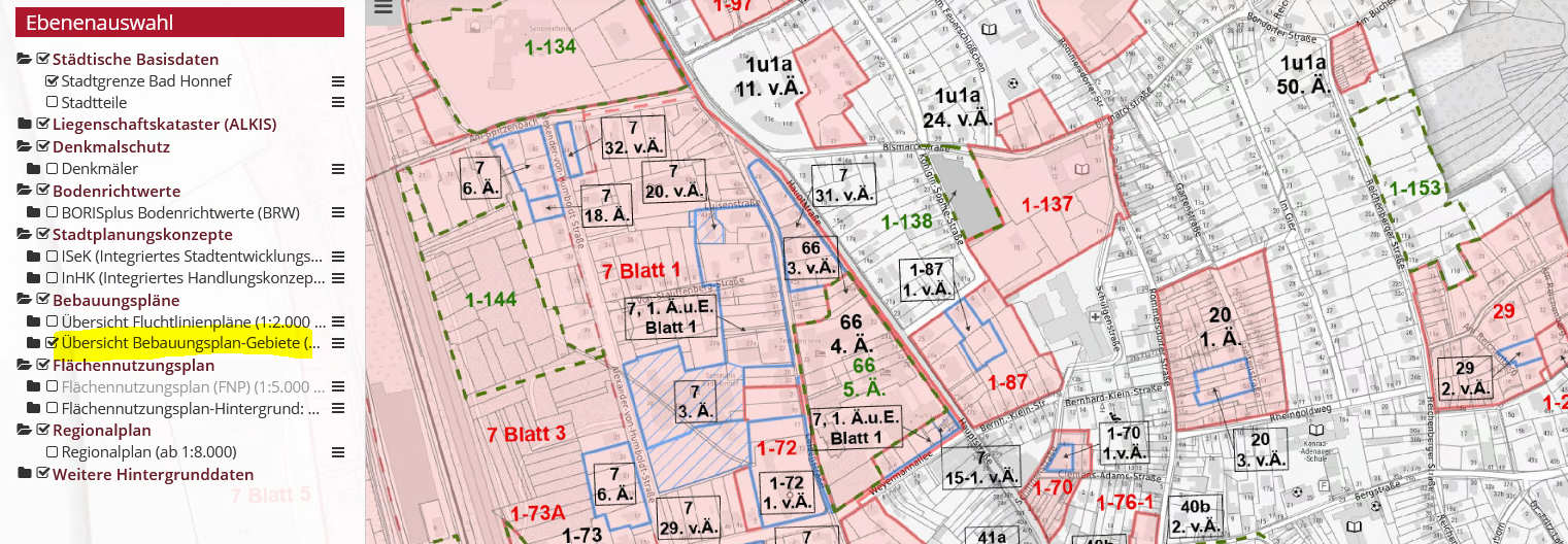 Screenshot Bebauungsplan-Übersicht im Geoportal
